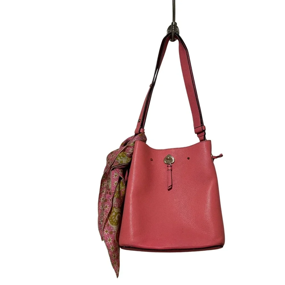 Kate‎ Spade Marti Small Bucket Bag Pink Pebbled Leather Scarf Accent - S4